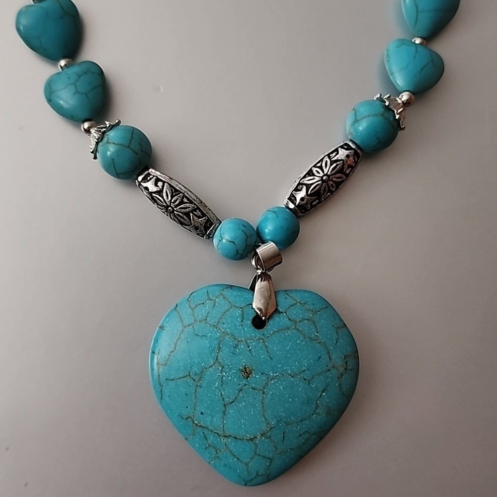 Heart Necklace Simulated Turquose Beads and Stones